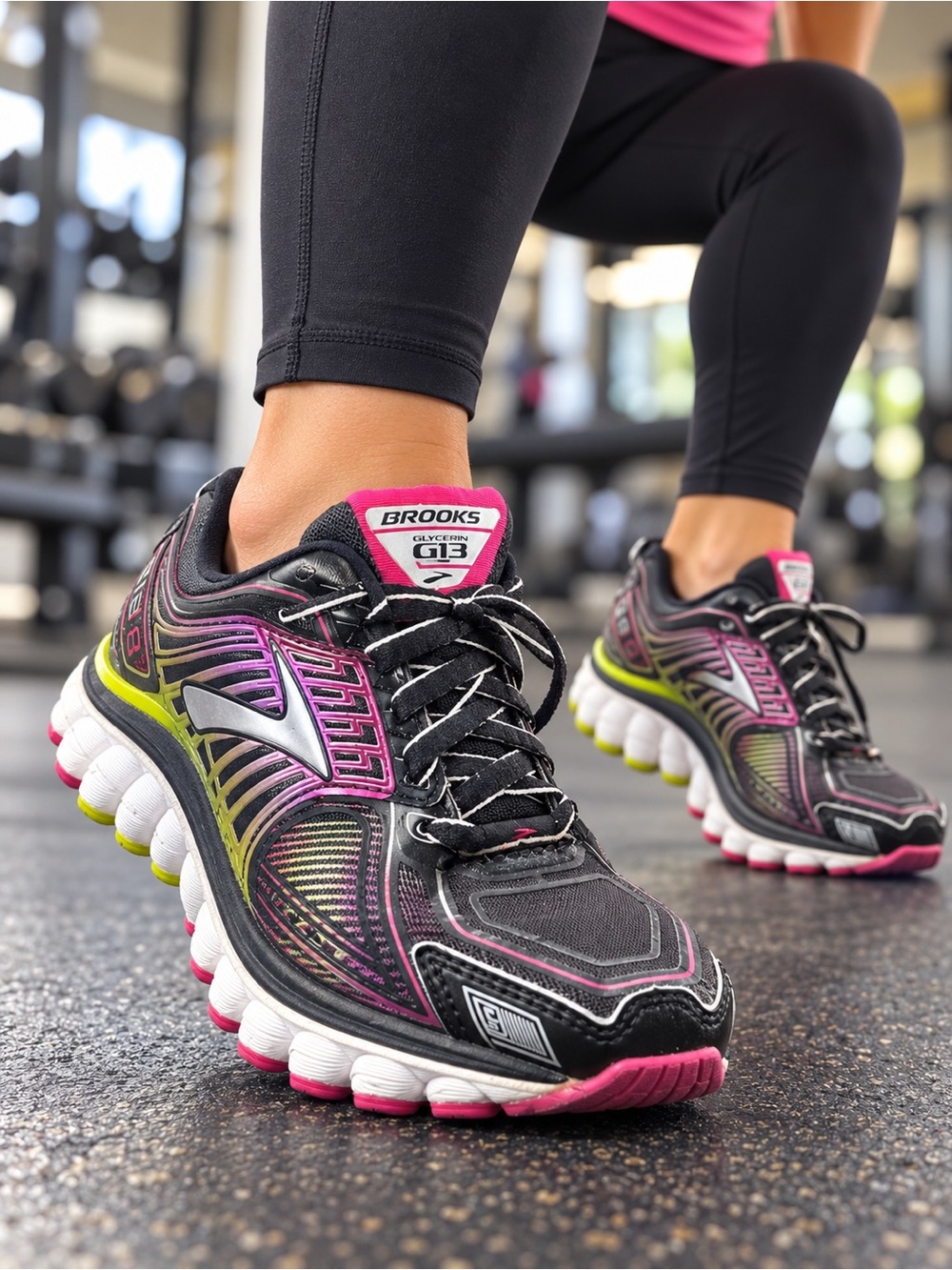 Brooks Glycerin G13 Women’s Size 6 B Black Pink Lime Running Shoes Super DNA